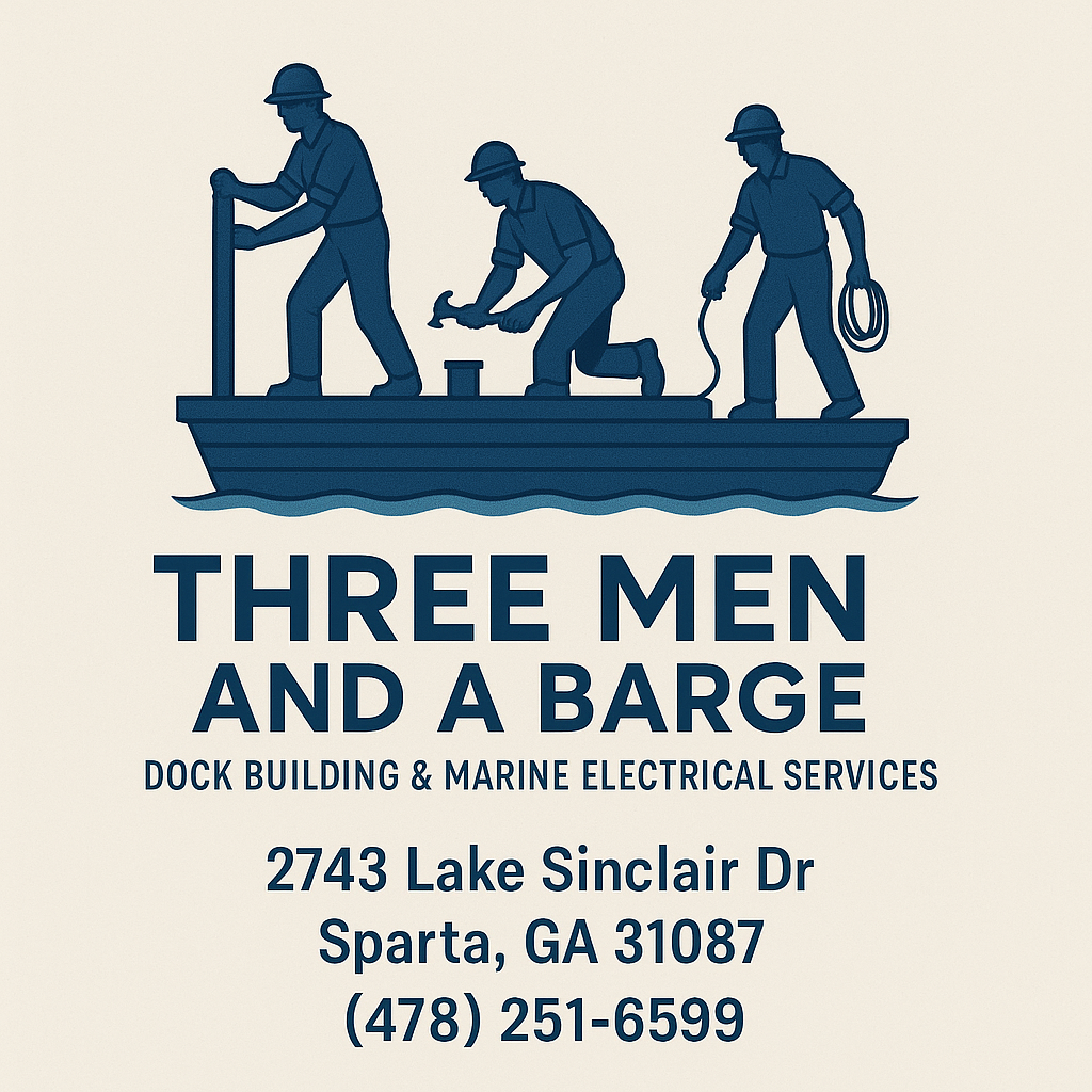 Illustration of three men working on a barge, with tools and equipment, under the title 'Three Men and a Barge' for a dock building and marine electrical service.